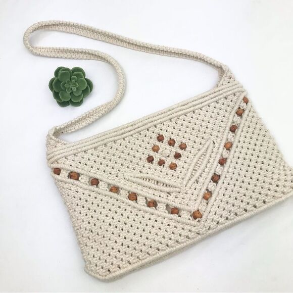 Cream Crochet Beaded Retro Boho Festival Shoulder Bag - Picture 1 of 11